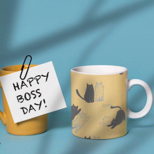 Black Cats on Mustard with Blue Outlines– Modern Kaffeetasse