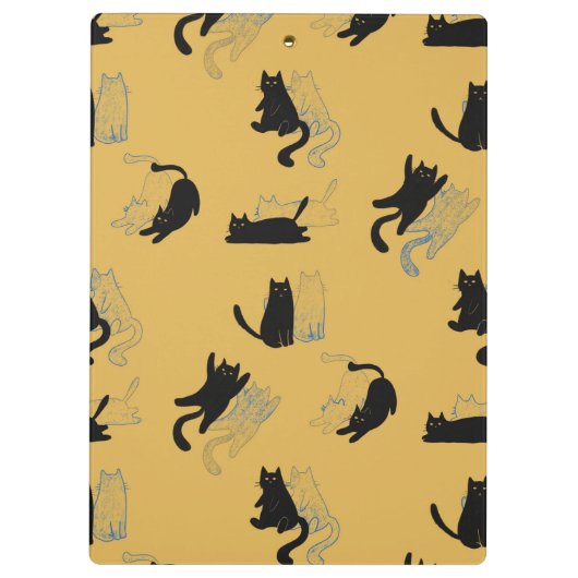Black Cats on Mustard with Blue Outlines– Modern Klemmbrett (Rückseite)