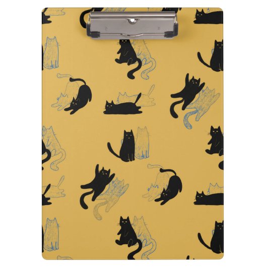 Black Cats on Mustard with Blue Outlines– Modern Klemmbrett (Vorderseite)