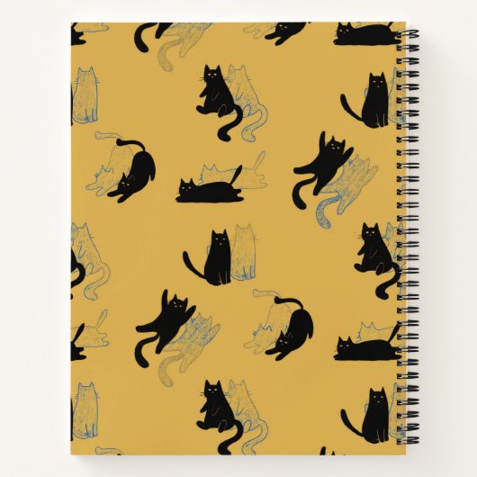 Black Cats on Mustard with Blue Outlines– Modern Notizblock (Rückseite)
