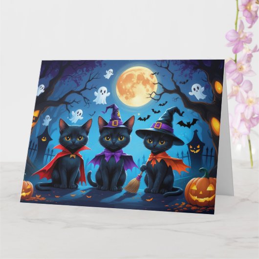 Black Cats Pumpkin Halloween Funny Karte (Orchidee)