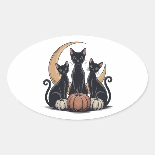 Black Cats Pumpkin Moon Whimsigothic Halloween Ovaler Aufkleber (Vorderseite)