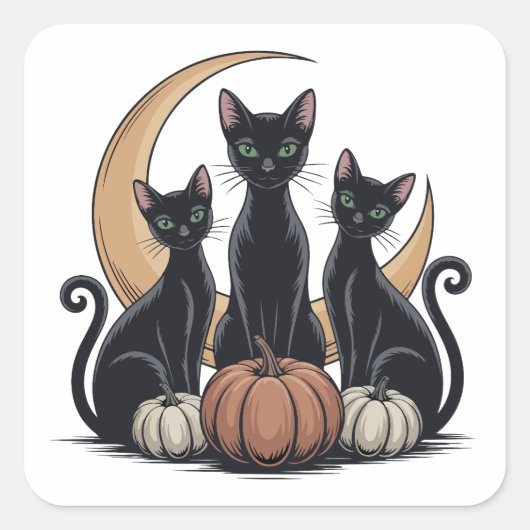 Black Cats Pumpkin Moon Whimsigothic Halloween Quadratischer Aufkleber (Vorderseite)