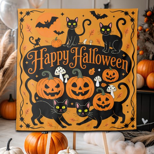 Black Cats Pumpkins und Bats Frohe Halloween Wandteppich