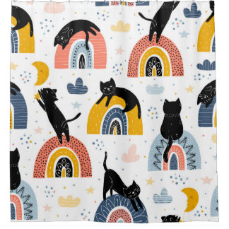 Black Cats Rainbows Fantasy Pattern Duschvorhang