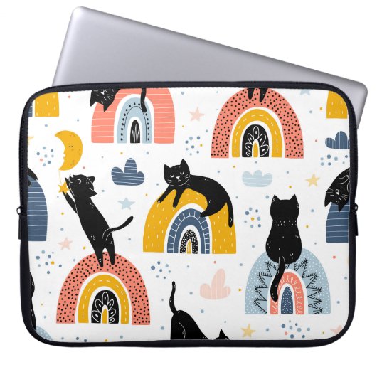 Black Cats Rainbows Fantasy Pattern Laptopschutzhülle (Vorderseite)