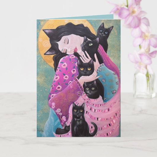 Black Cats Whimsical Art Karte (Orchidee)