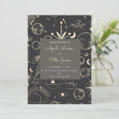 Black Celestial Moon Phases Wedding Einladung (Stehend Vorderseite)