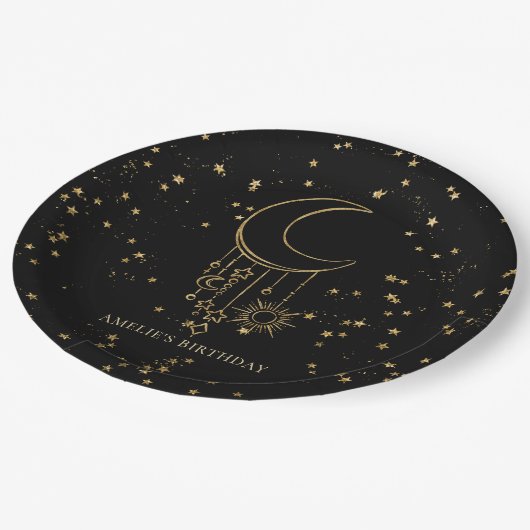 Black Celestial Star Moon Birthday Pappteller (Schrägansicht)