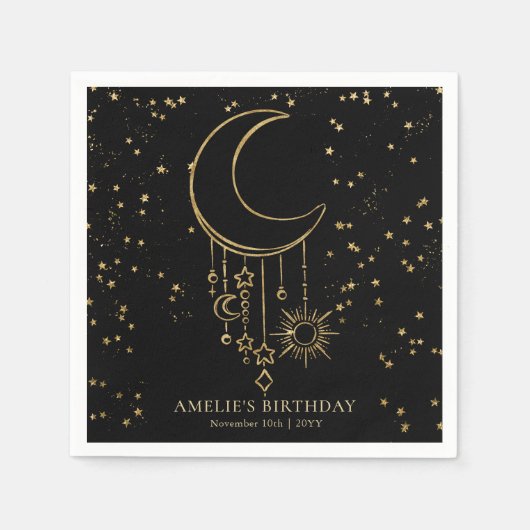 Black Celestial Star Moon Birthday Serviette (Vorderseite)