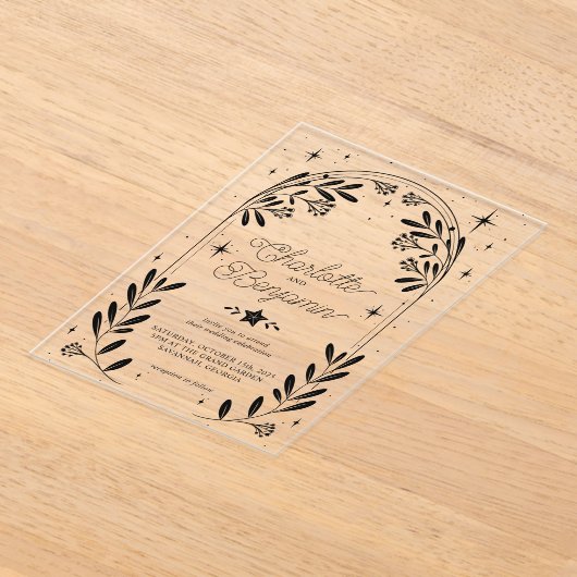 Black Celestial Starry Floral Arch Wedding Acryleinladungen (Ablage )