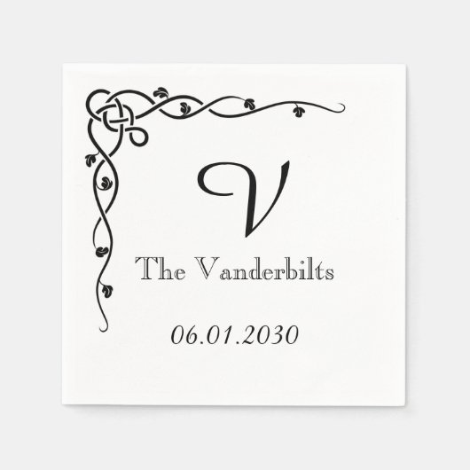 Black Celtic Knot Corner Vine Monogram Wedding Serviette (Vorderseite)