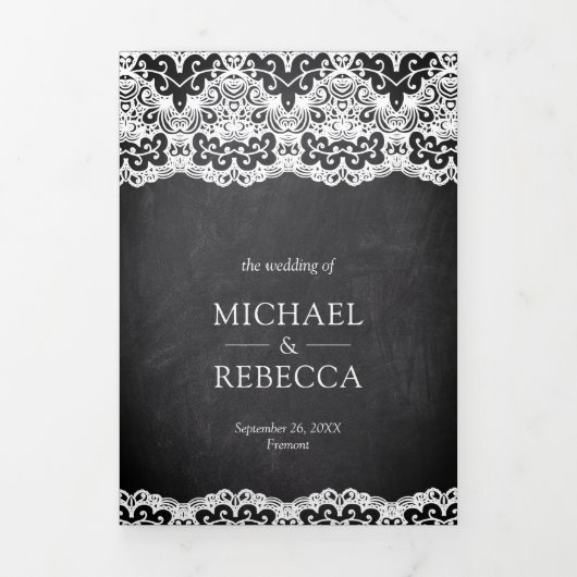 Black Chalkboard Country Lace auf einer Hochzeit Dreifach Gefaltete Einladung (Cover)