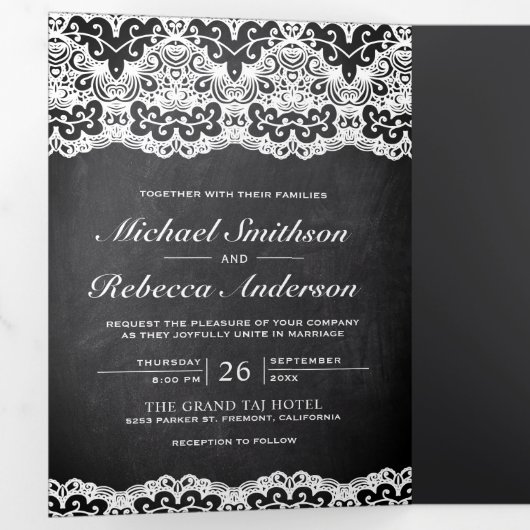 Black Chalkboard Country Lace auf einer Hochzeit Dreifach Gefaltete Einladung (Innen Erste Seite)