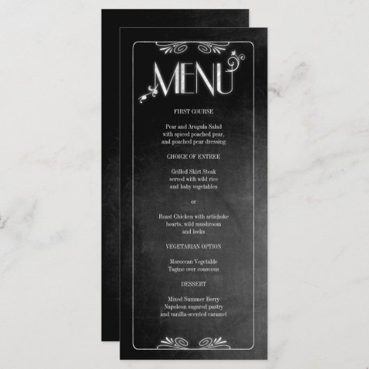 Black Chalkboard Elegantes Slim Dinner Menü Menükarte (Vorne/Hinten)