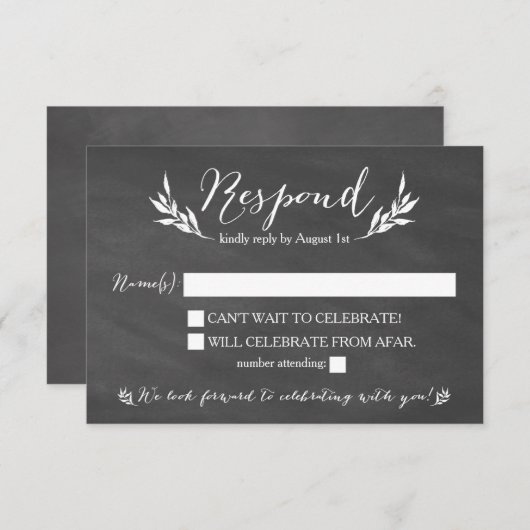 Black Chalkboard Floral Wedding RSVP Card (Vorne/Hinten)
