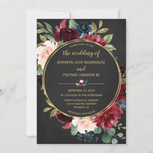 Black Chalkboard Marsala Navy Gold Floral Blogs Einladung