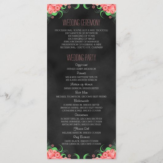 Black Chalkboard Pink Floral Wedding Program Cards Programm (Rückseite)