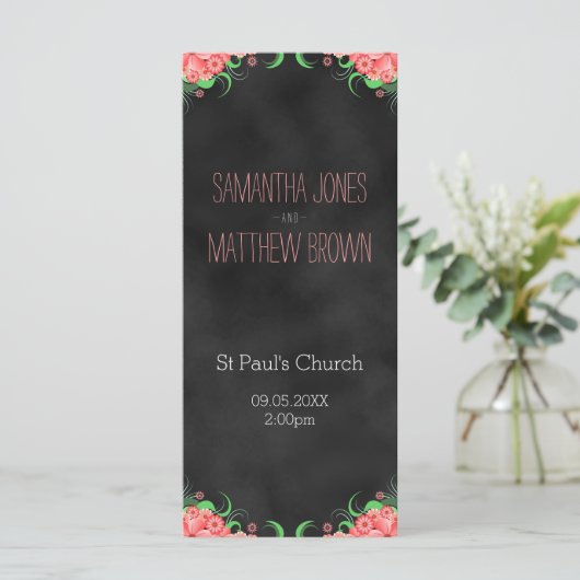 Black Chalkboard Pink Floral Wedding Program Cards Programm (Stehend Vorderseite)