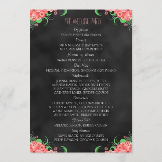 Black Chalkboard Pink Floral Wedding Programm (Rückseite)