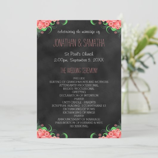 Black Chalkboard Pink Floral Wedding Programm (Stehend Vorderseite)