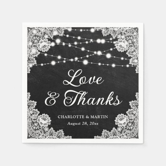 Black Chalkboard Spitzen Liebe und Dank Hochzeit Serviette (Vorderseite)