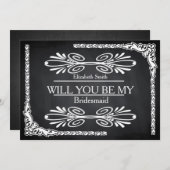 Black Chalkboard Swirl Werden Sie meine Brautjungf Einladung (Vorne/Hinten)