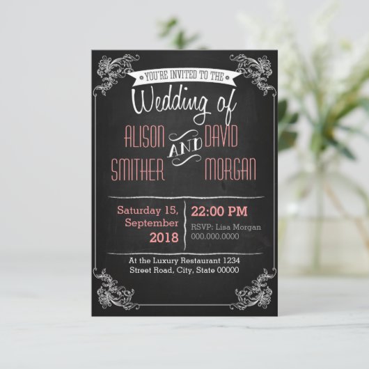 Black chalkboard wedding invitation einladung (Stehend Vorderseite)