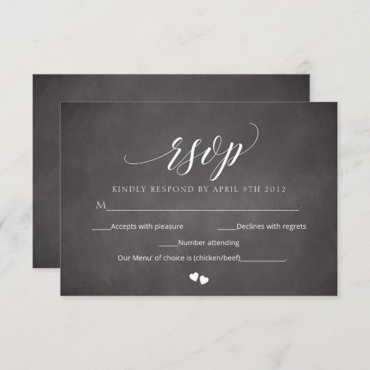 Black Chalkboard Wedding RSVP Script Response Card Einladung (Vorne/Hinten)