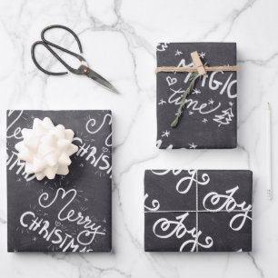 Black Chalkboard White Script Frohe Weihnachten Geschenkpapier Set