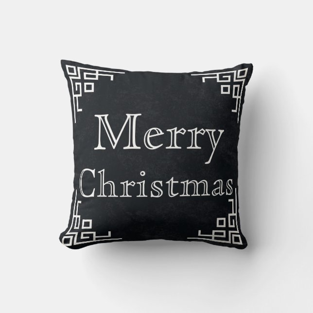 Black Chalkboard White Swirl Frohe Weihnachten Kissen (Vorderseite)