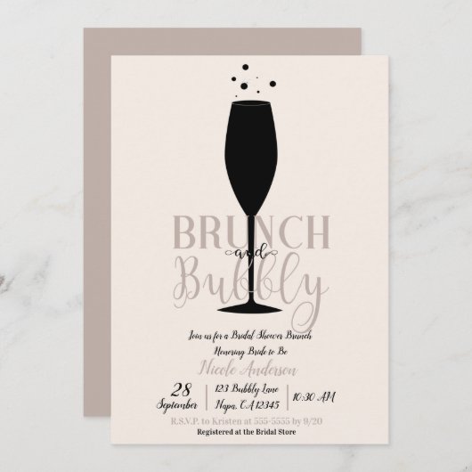 Black Champagne Glass Brunch Bubbly Bridal Brunch Einladung (Vorne/Hinten)