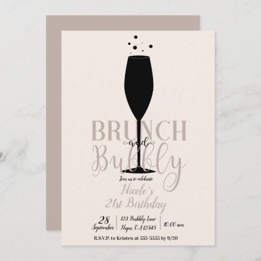 Black Champagne Glass Brunch & Bubbly Geburtstag Einladung (Vorne/Hinten)