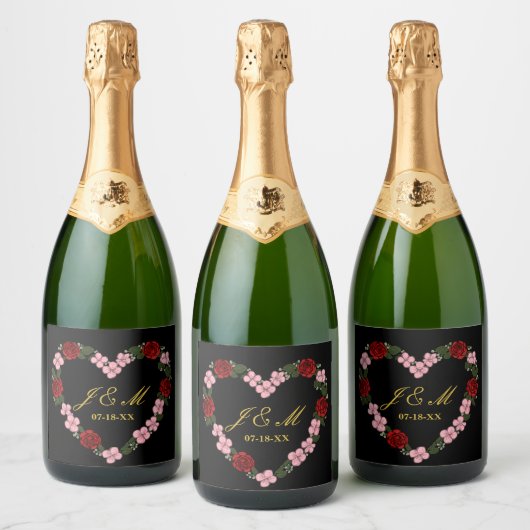 Black champagne label with a pink and red heart schaumweinetikett (Flaschen)