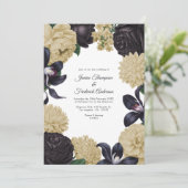 Black & Champagne Photo/QR Code Floral Wedding Einladung (Stehend Vorderseite)