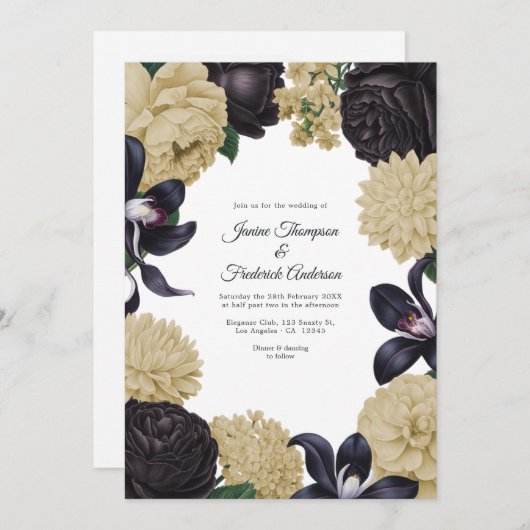 Black & Champagne Photo/QR Code Floral Wedding Einladung (Vorne/Hinten)