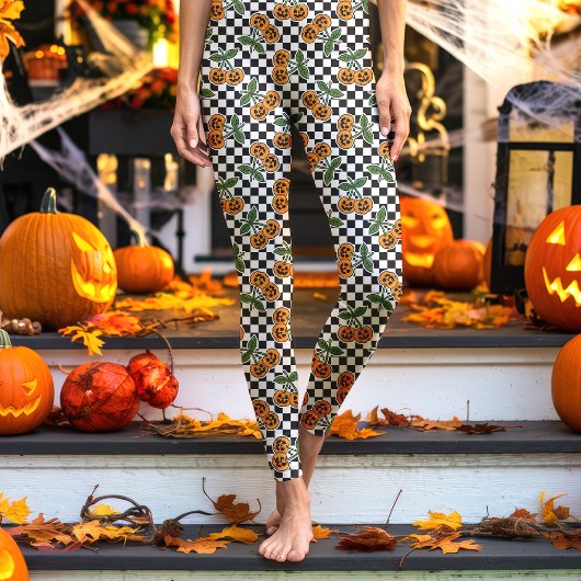 Black Checkerboard Cherry Pumpkins Muster Leggings
