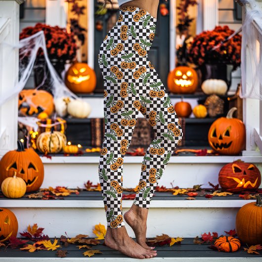 Black Checkerboard Cherry Pumpkins Muster Leggings