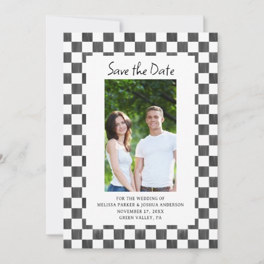 Black Checkerboard Photo Save the Date Einladung (Vorderseite)