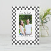Black Checkerboard Photo Save the Date Einladung (Stehend Vorderseite)