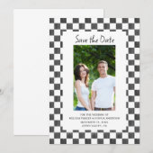 Black Checkerboard Photo Save the Date Einladung (Vorne/Hinten)