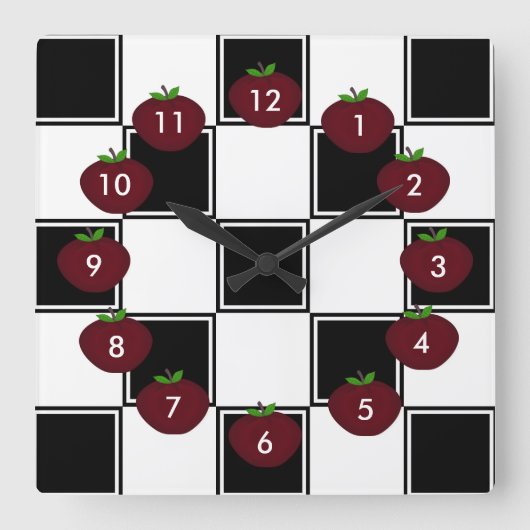 Black Checkered: Apple Wall Clock Quadratische Wanduhr (Vorderseite)