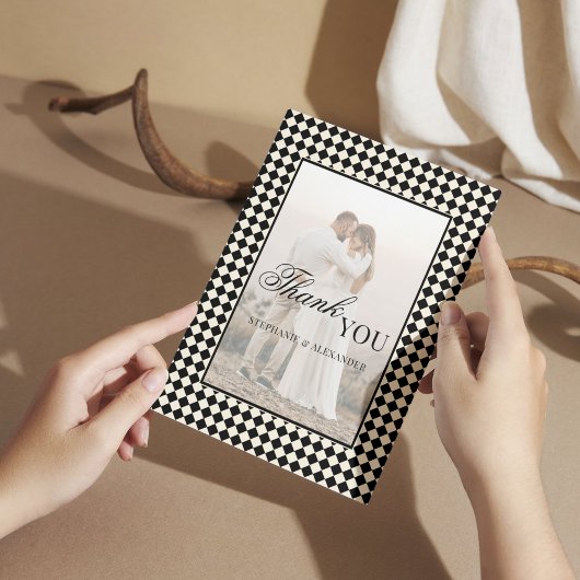 Black Checkered Old Money Photo Wedding Folded Dankeskarte