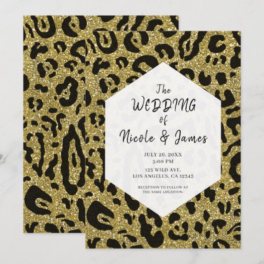 Black Cheetah Leopard Gold Glitzer Hochzeit Einladung (Vorne/Hinten)