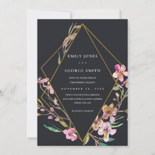 BLACK CHERRY BLOSSOM FLORAL FRAME WEDING INVITE DANKESKARTE