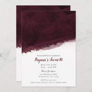 Black Cherry Watercolor Gold Modern Chic Sweet 16 Einladung
