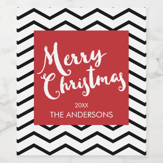 Black Chevrons & Red, Frohe Weihnachten Personalis Weinetikett (Einzelnes Label)