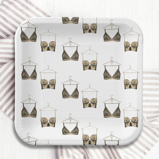 Black Chic Lace Watercolor Lingerie Brautparty Pappteller