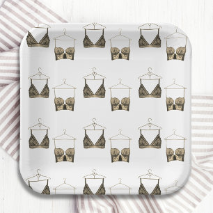 Black Chic Lace Watercolor Lingerie Brautparty Pappteller