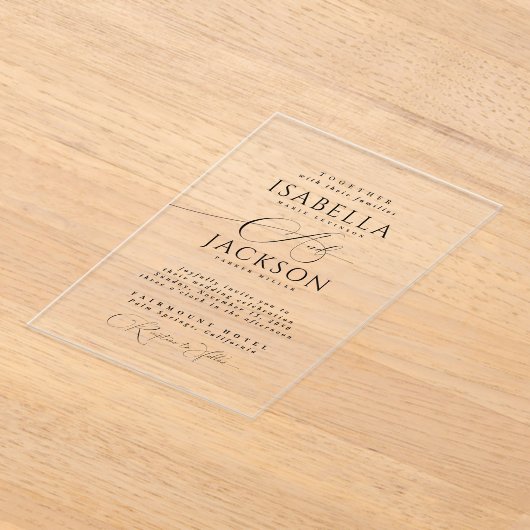 Black Chic Modern Clear Script Hochzeit Acryleinladungen (Ablage )